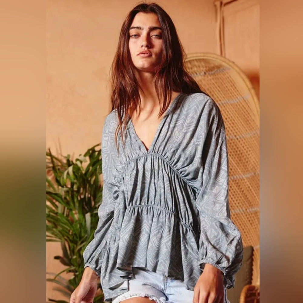Blue Relaxed Ruched Blouse with Billowy Sleeves