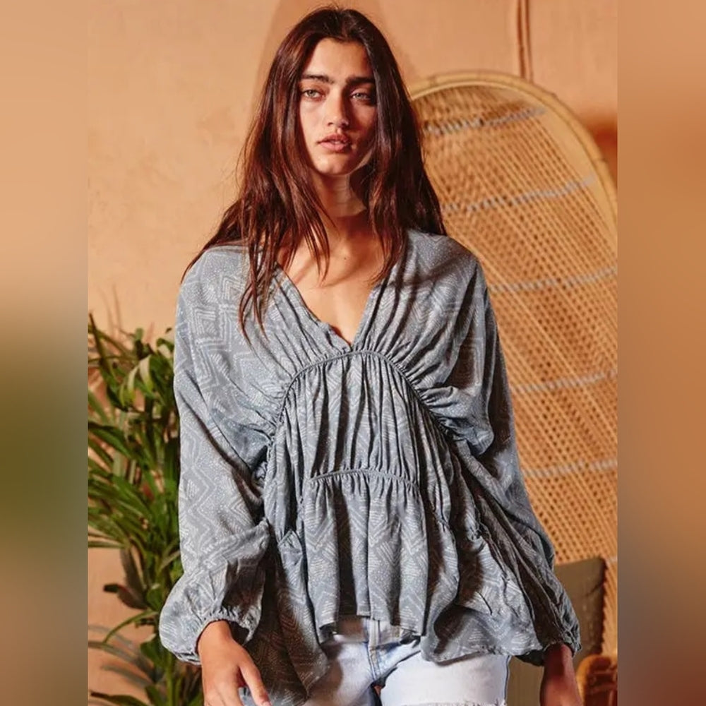 Blue Relaxed Ruched Blouse with Billowy Sleeves