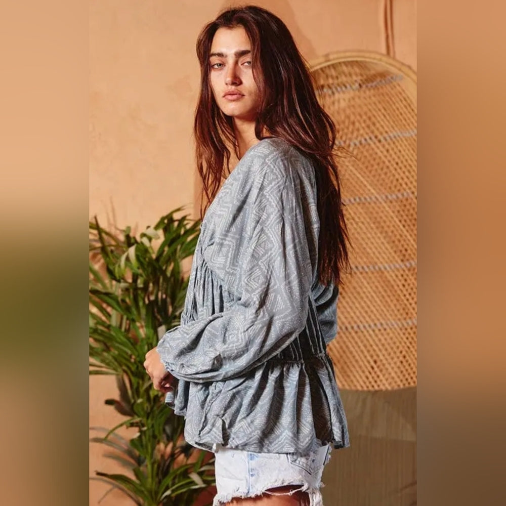 Blue Relaxed Ruched Blouse with Billowy Sleeves