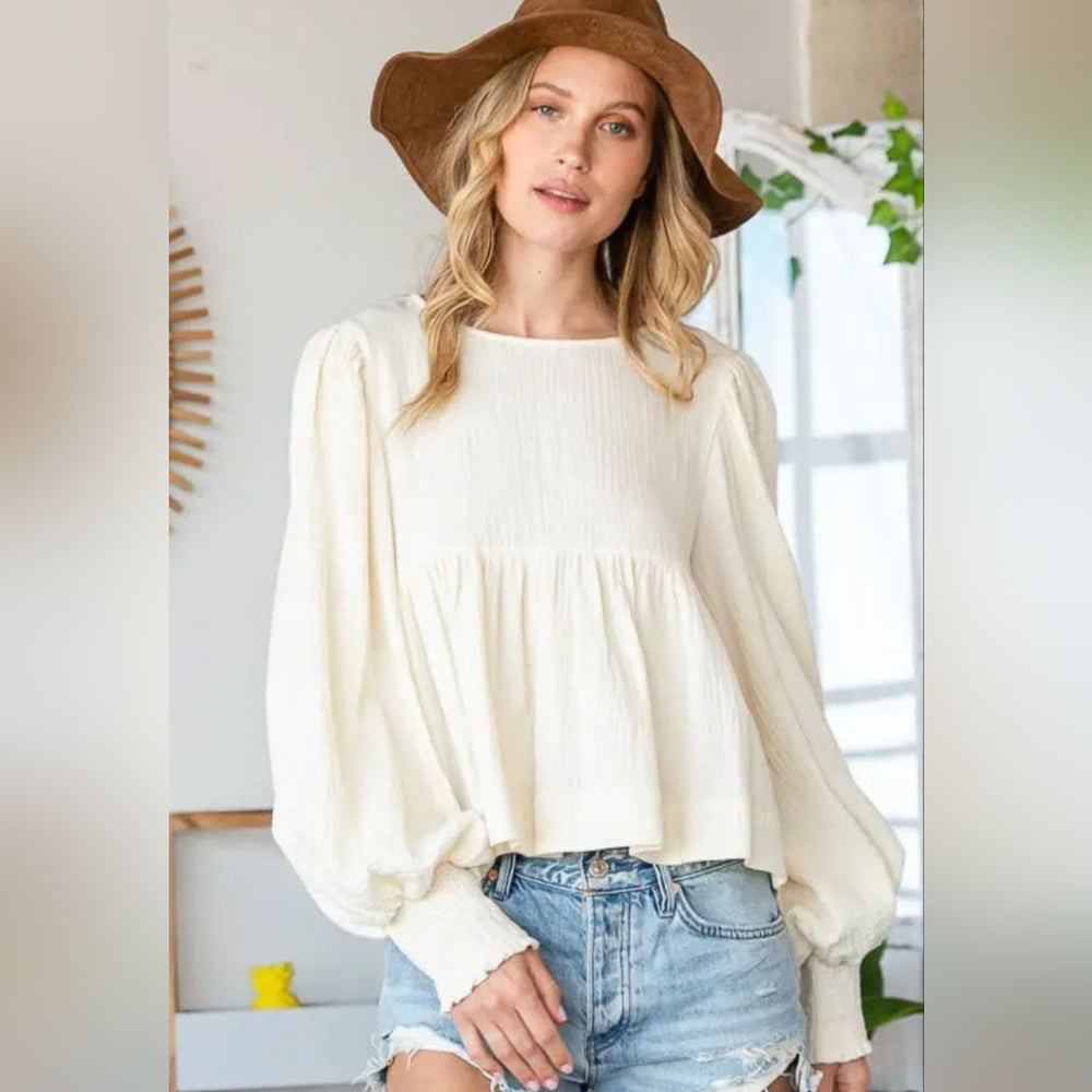 Cream Ruffled Long Sleeve Boxy Blouse