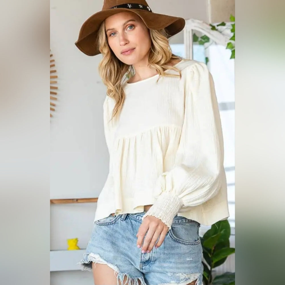 Cream Ruffled Long Sleeve Boxy Blouse