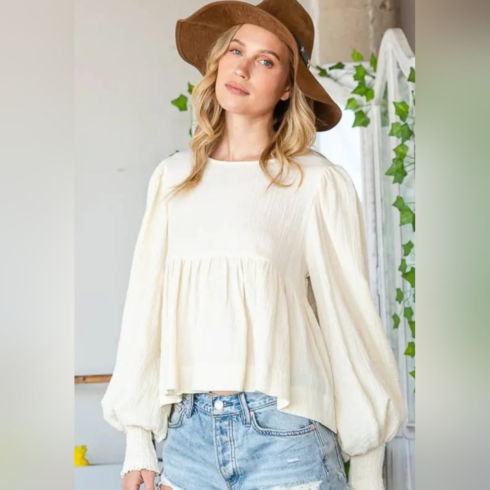 Cream Ruffled Long Sleeve Boxy Blouse