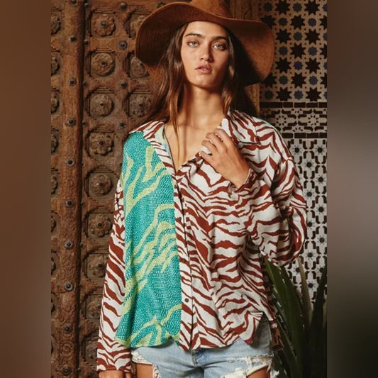 Brown and Green Zebra Print Women's Top