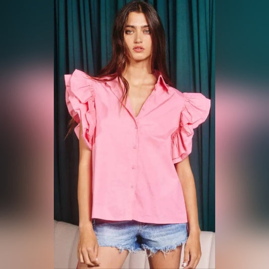 Pink Ruffle Sleeve Women's Top