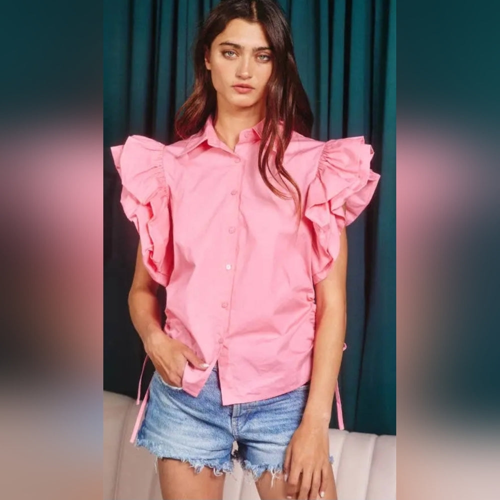 Pink Ruffle Sleeve Women's Top