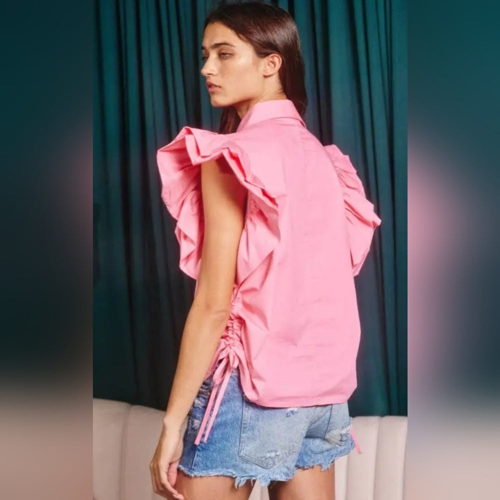Pink Ruffle Sleeve Women's Top