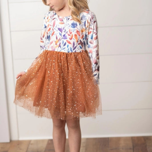 Floral Long Sleeve Dress with Sparkly Tulle Skirt For Girls