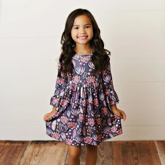 Floral Kids Dress in Purple and Pink