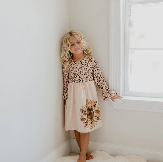 Brown and Cream Casual Sundress with Bell Sleeves