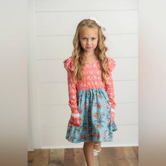 Floral Kids Dress in Pink and Blue