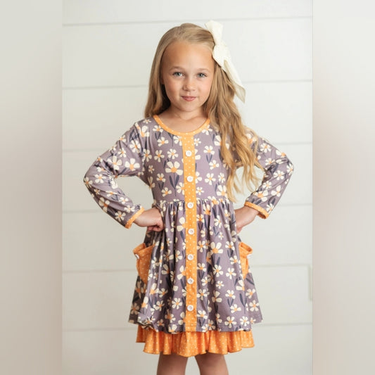 Floral Kids Dress with Orange Accents
