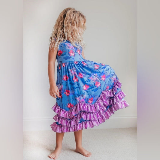 Floral Blue and Purple Ruffle Dress
