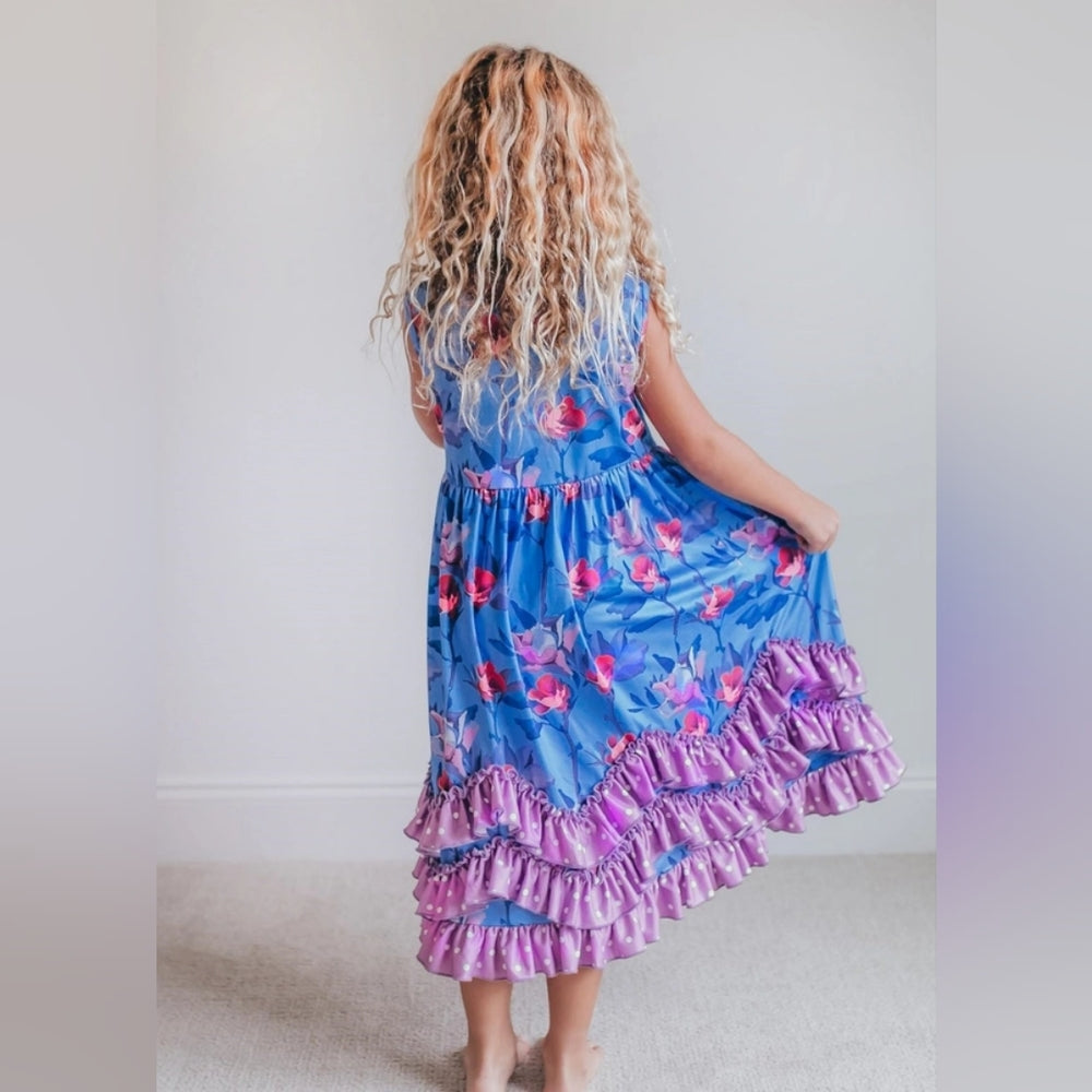 Floral Blue and Purple Ruffle Dress