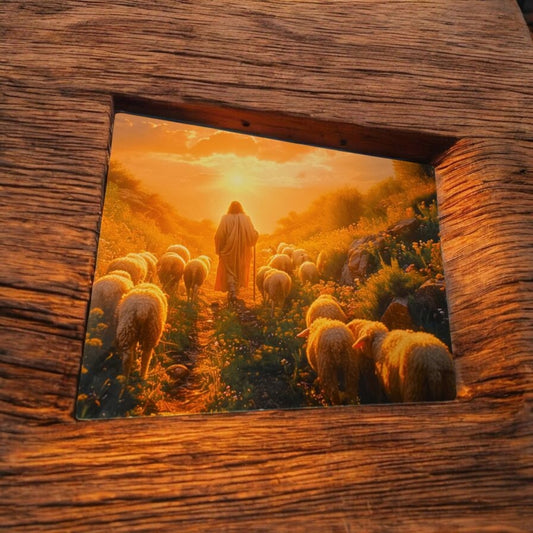 Rustic Wooden Frame with Shepherd and Sheep Art