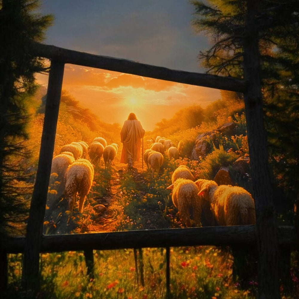 Rustic Wooden Frame with Shepherd and Sheep Art