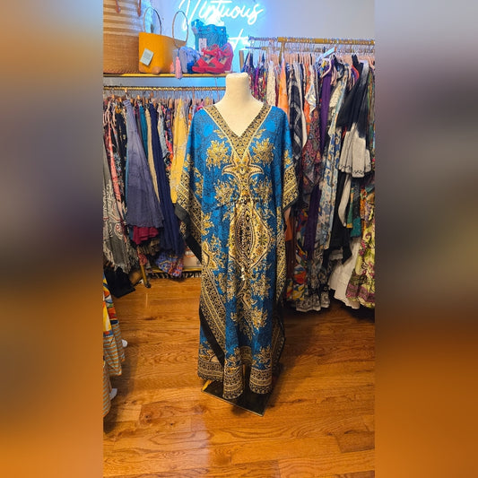 Elegant Blue and Gold Kaftan Dress
