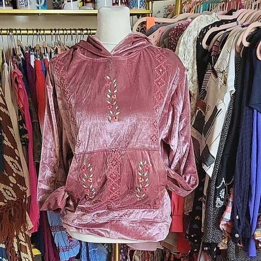 Embroidered Velvet Hoodie - Pink