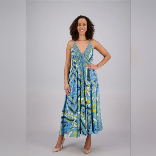 Blue and Yellow Patterned Maxi Dress