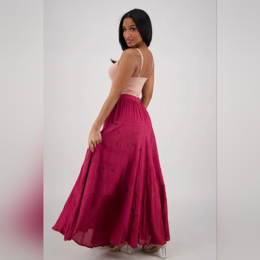Boho Pink Floral Print Maxi Skirt