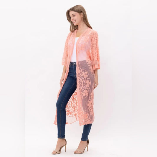 Peach Lace Kimono Cardigan