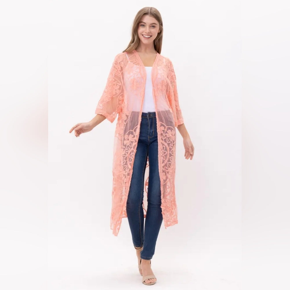 Peach Lace Kimono Cardigan