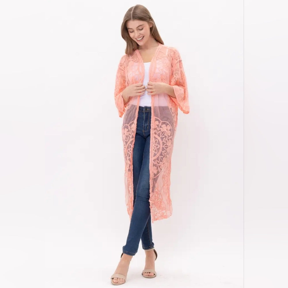 Peach Lace Kimono Cardigan