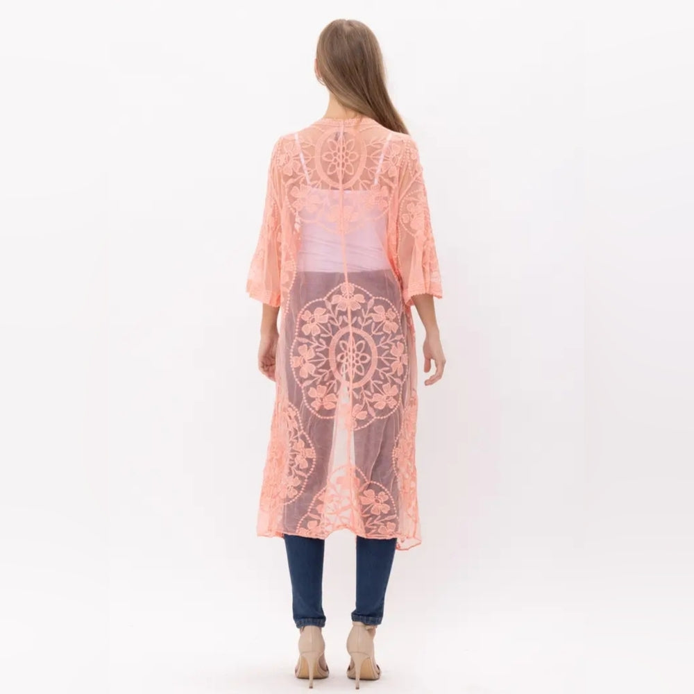 Peach Lace Kimono Cardigan