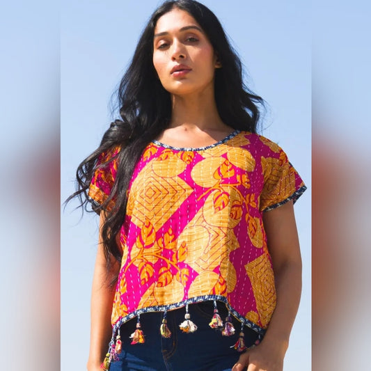 Kantha Vibrant Pink and Orange Women's Kantha Embroidery Top