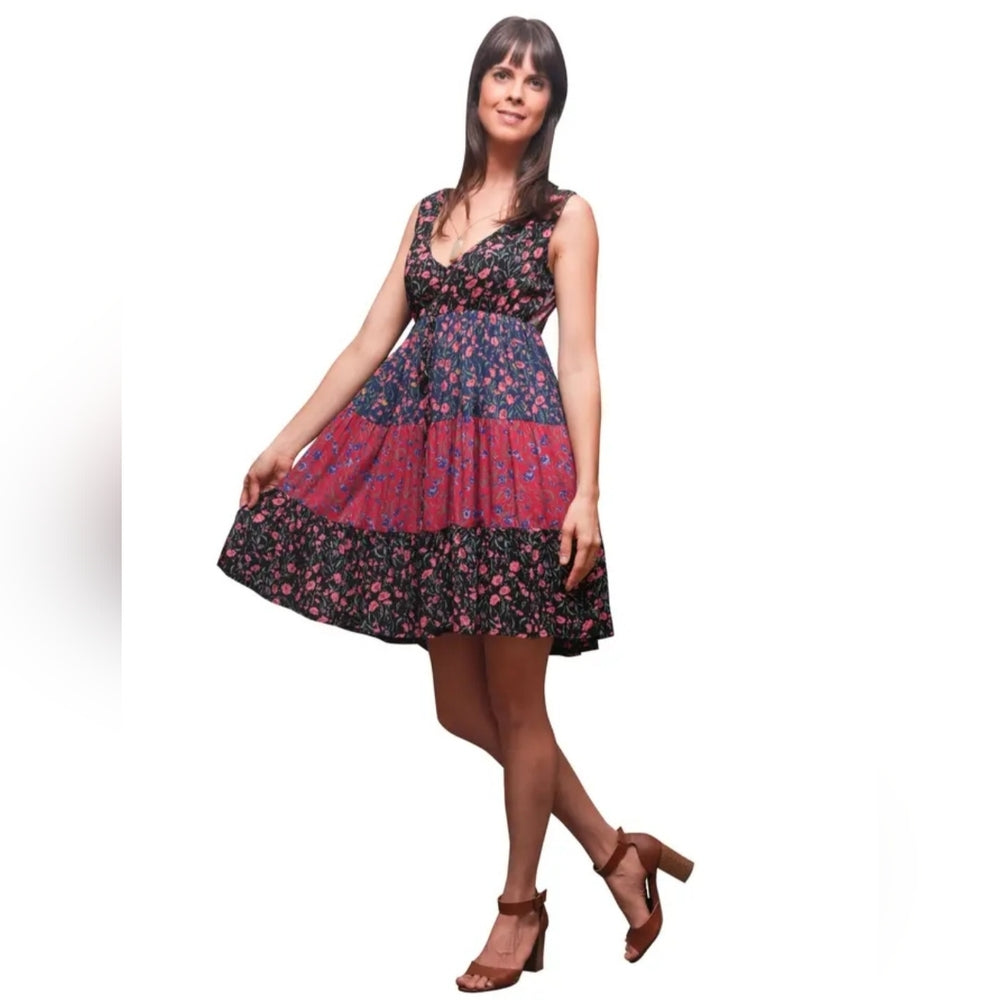 Sacred Threads Asymmetrical Patchwork Dress - Red, Blue, Brown