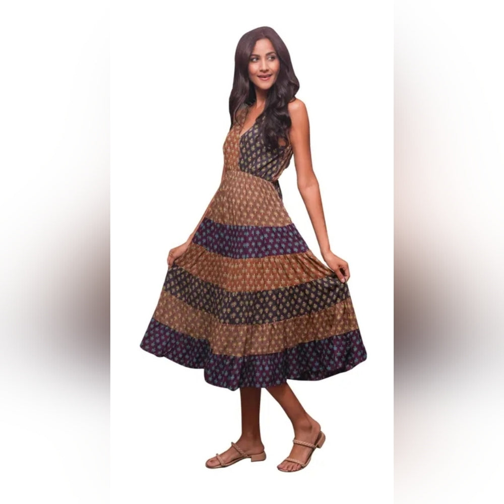 Sacred Threads Brown and Purple Midi Dress