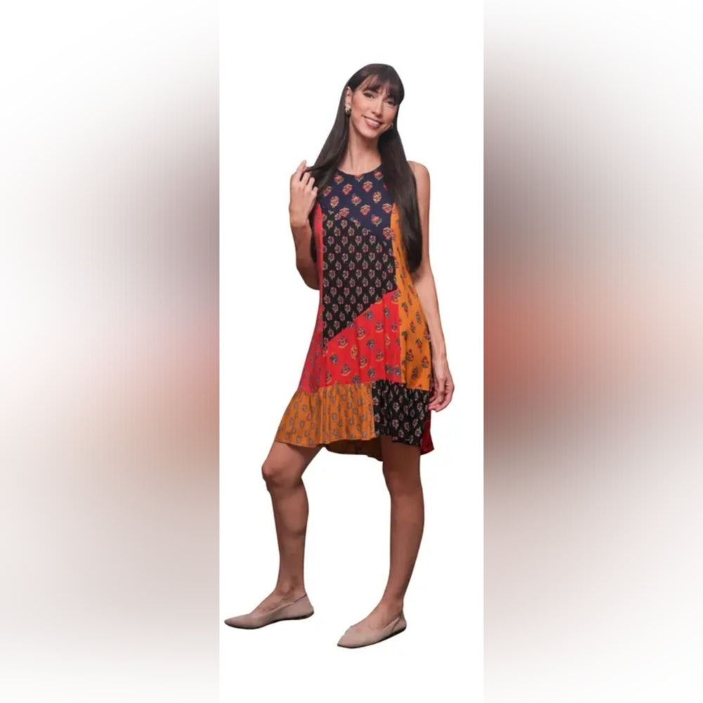 Sacred Threads Asymmetrical Patchwork Dress - Red, Orange, Black