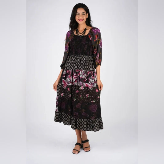 Boho Floral Black and Purple Dress