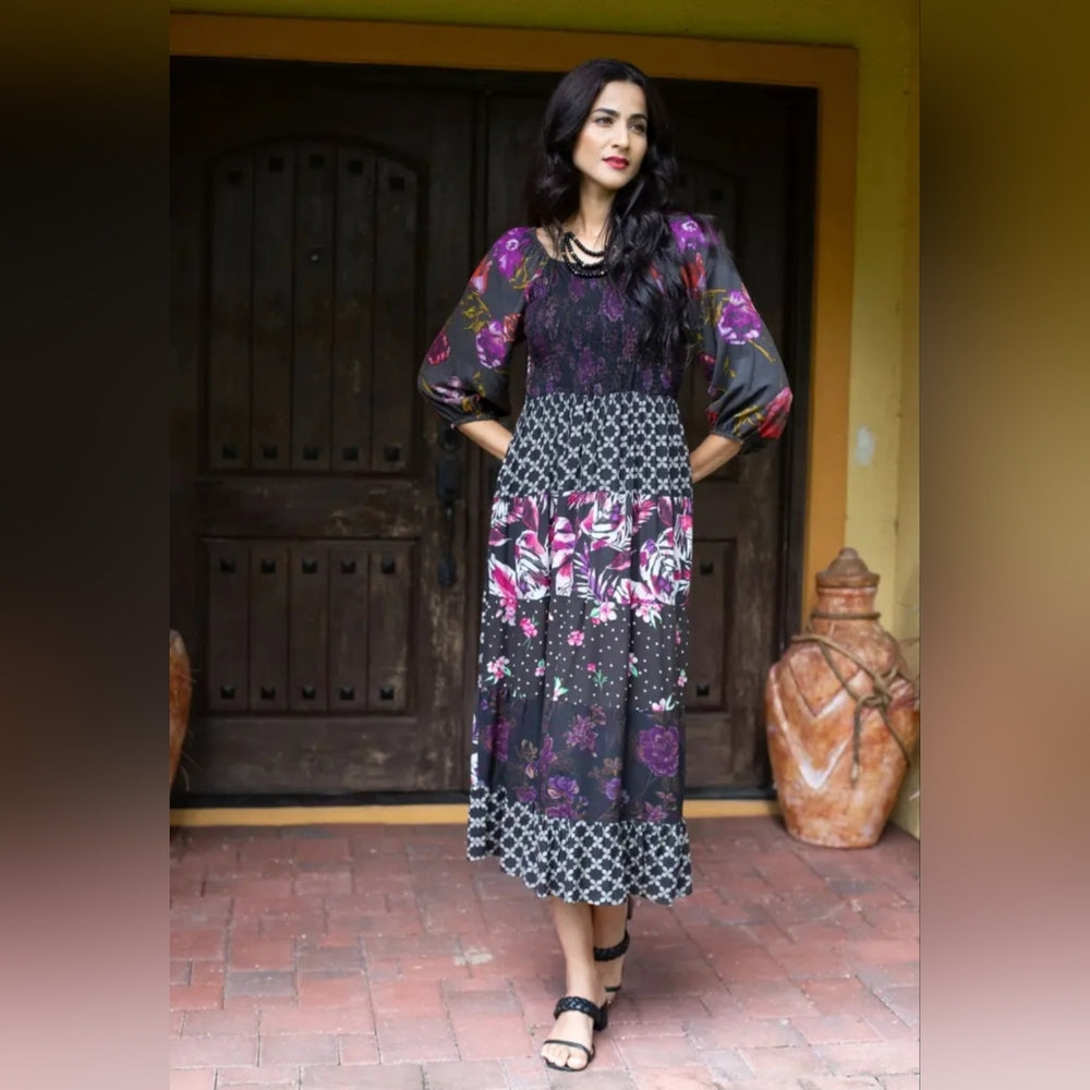 Boho Floral Black and Purple Dress