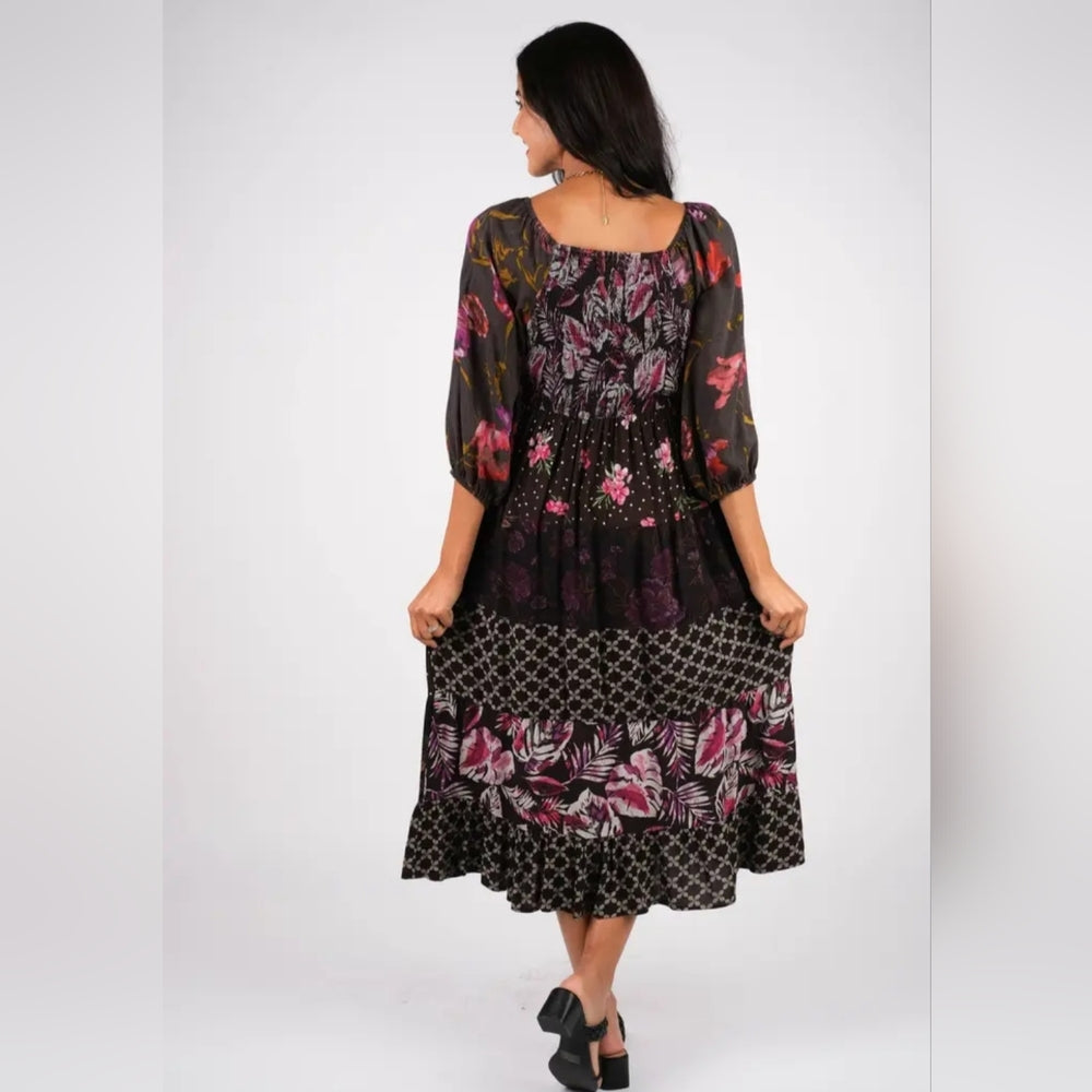 Boho Floral Black and Purple Dress