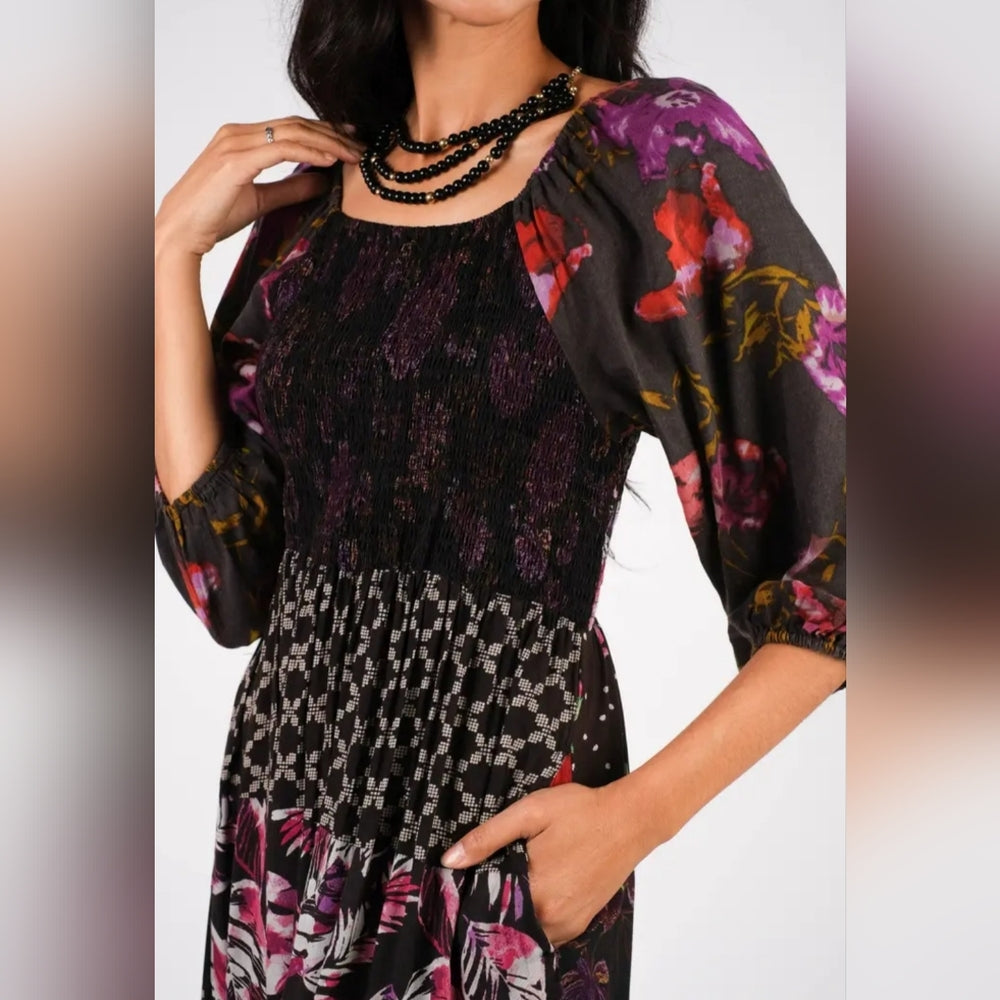 Boho Floral Black and Purple Dress