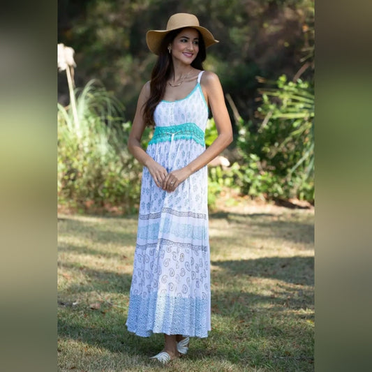 Boho White and Green Maxi Dress