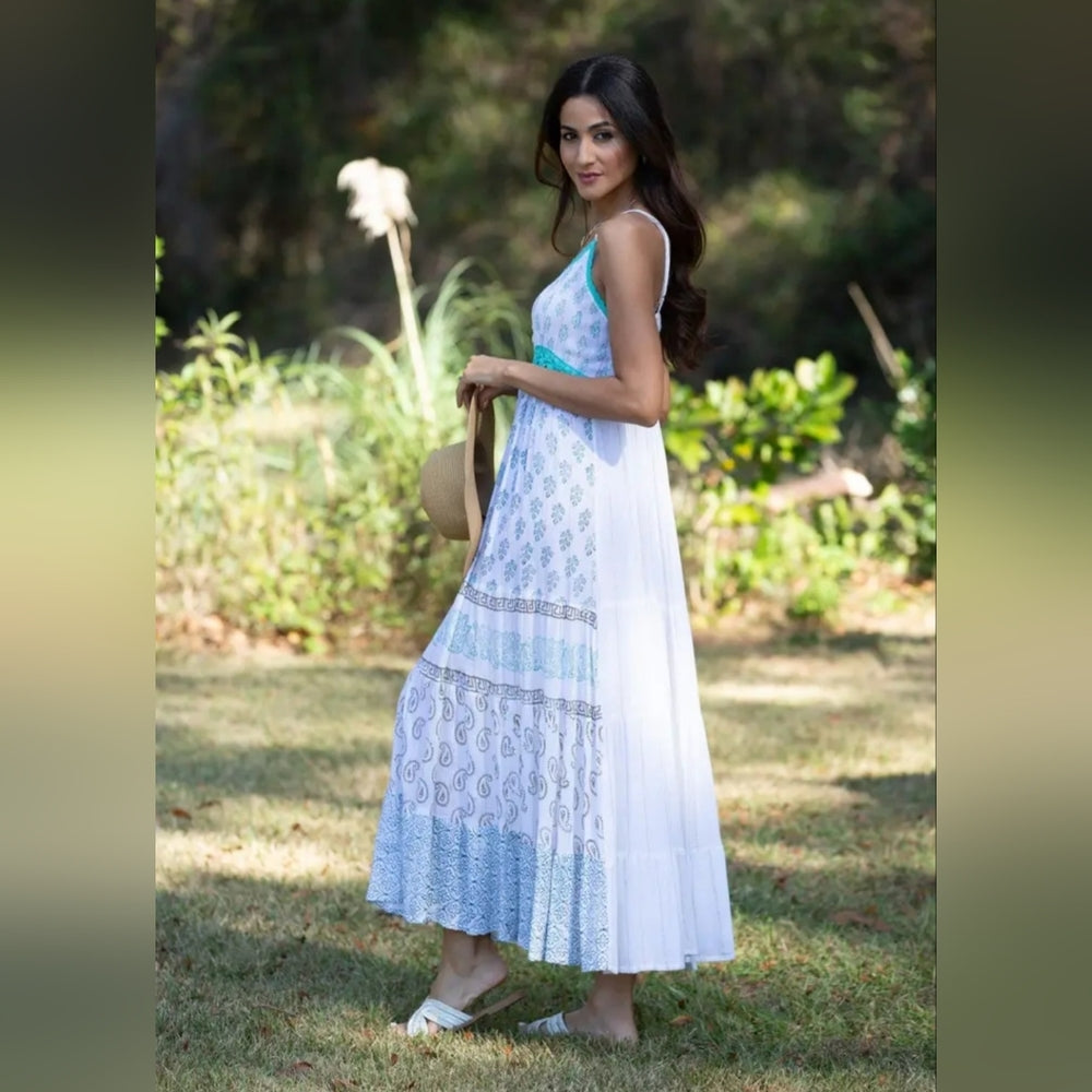 Boho White and Green Maxi Dress