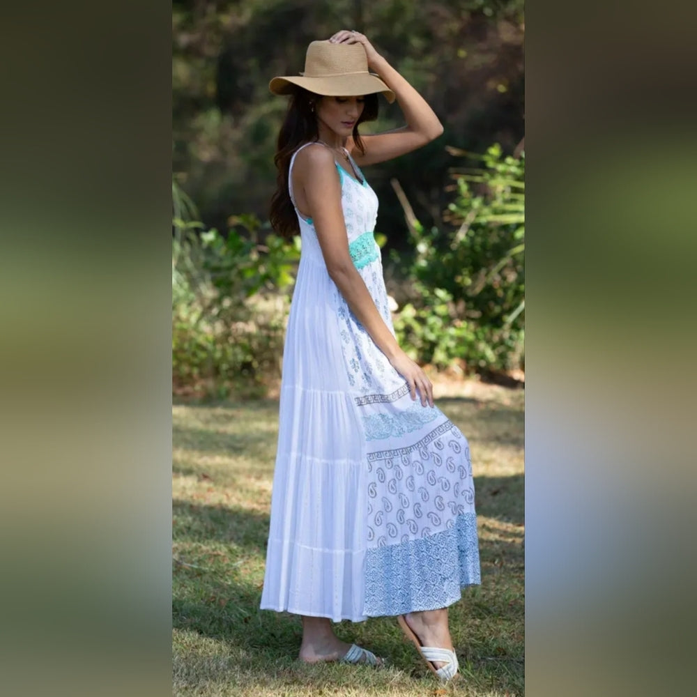 Boho White and Green Maxi Dress