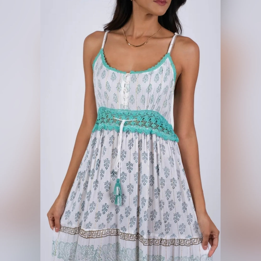 Boho White and Green Maxi Dress