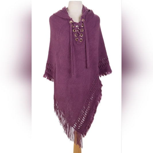 Purple Hooded Poncho with Fringe