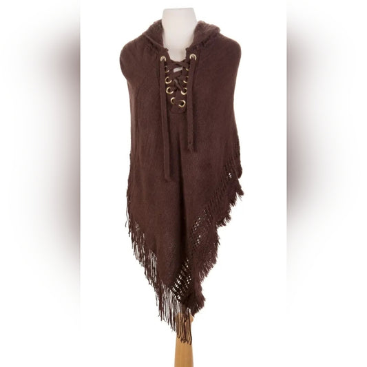 Brown Hooded Poncho with Fringe