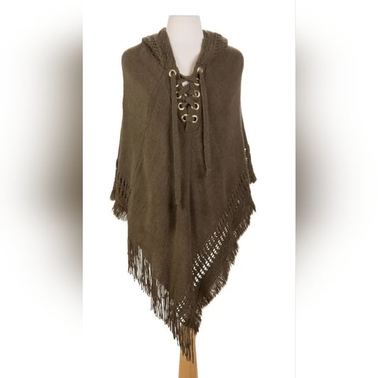Green Hooded Poncho with Fringe
