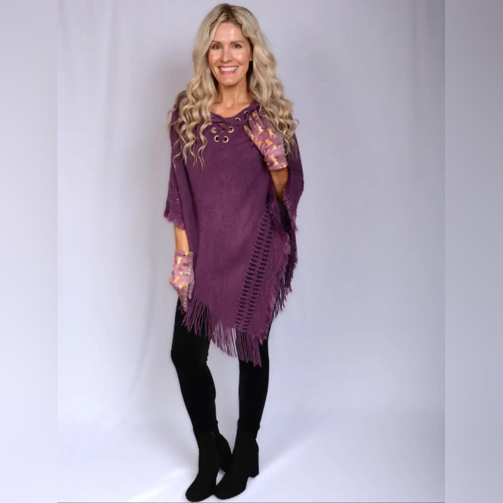 Purple Hooded Poncho with Fringe