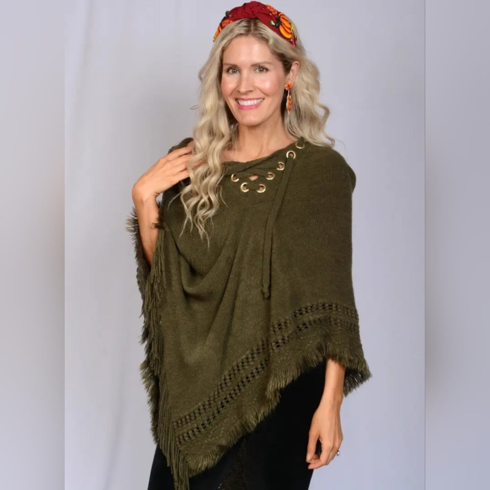 Green Hooded Poncho with Fringe