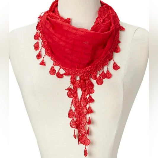 Elegant Red Lace Trim Scarf