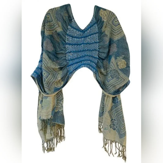 Bohemian Blue and Beige Shawl with Fringe