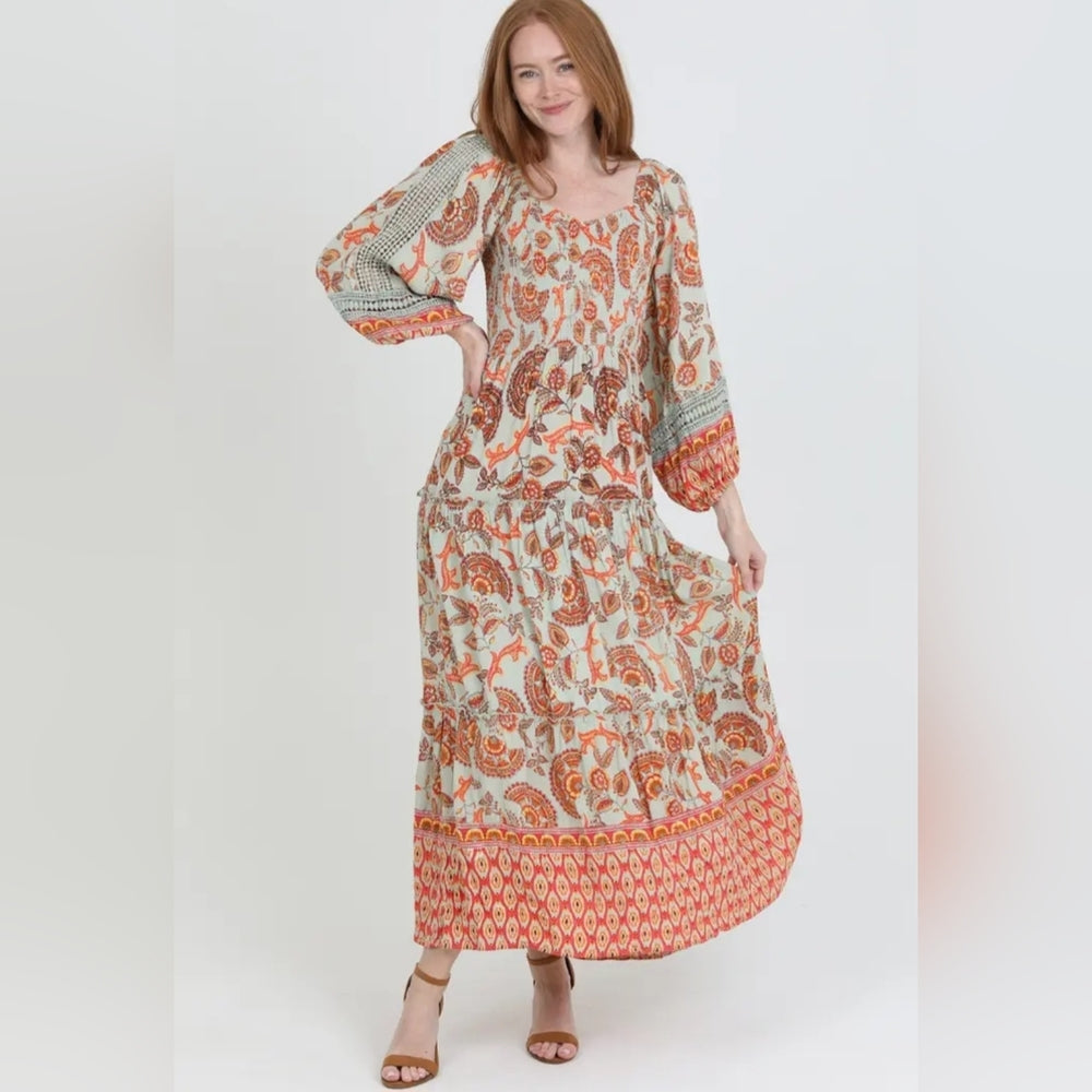 Angie Orange and Cream Paisley Maxi Dress