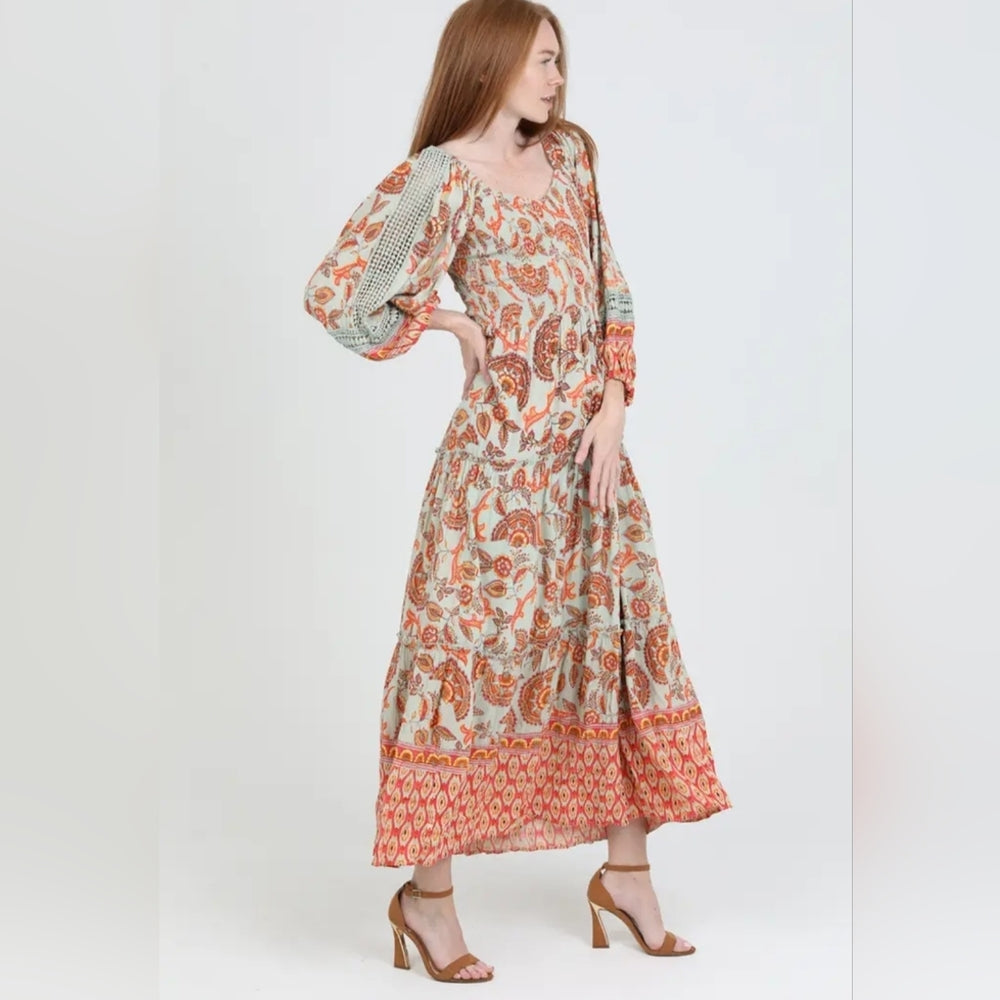 Angie Orange and Cream Paisley Maxi Dress