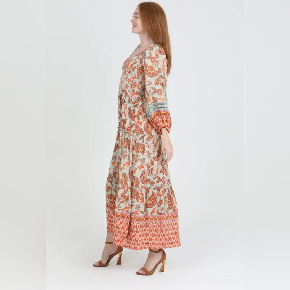 Angie Orange and Cream Paisley Maxi Dress