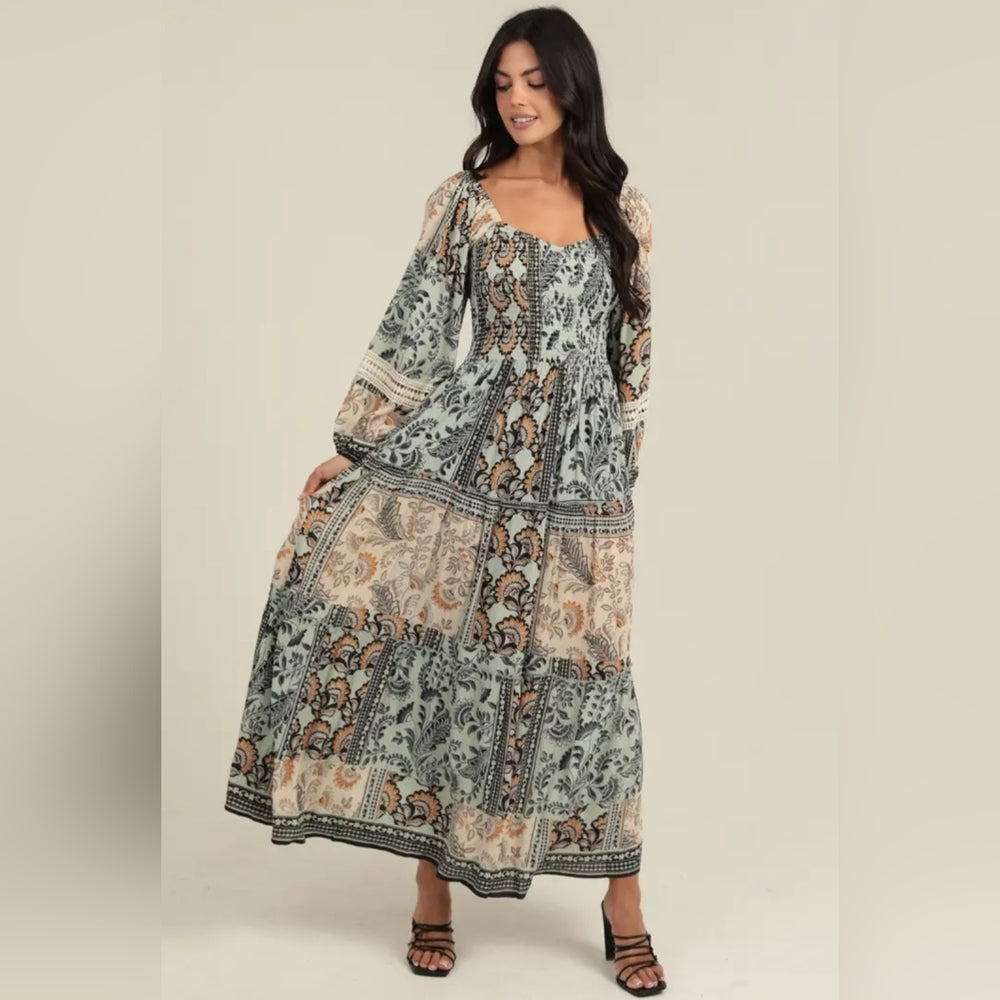 Angie Floral Maxi Dress in Green and Cream